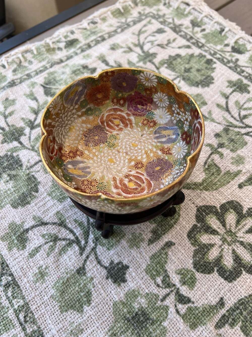 Kutani Kasen Japanese Porcelain Floral Bowl Gold Gilding and Wooden Stand, 4.75”